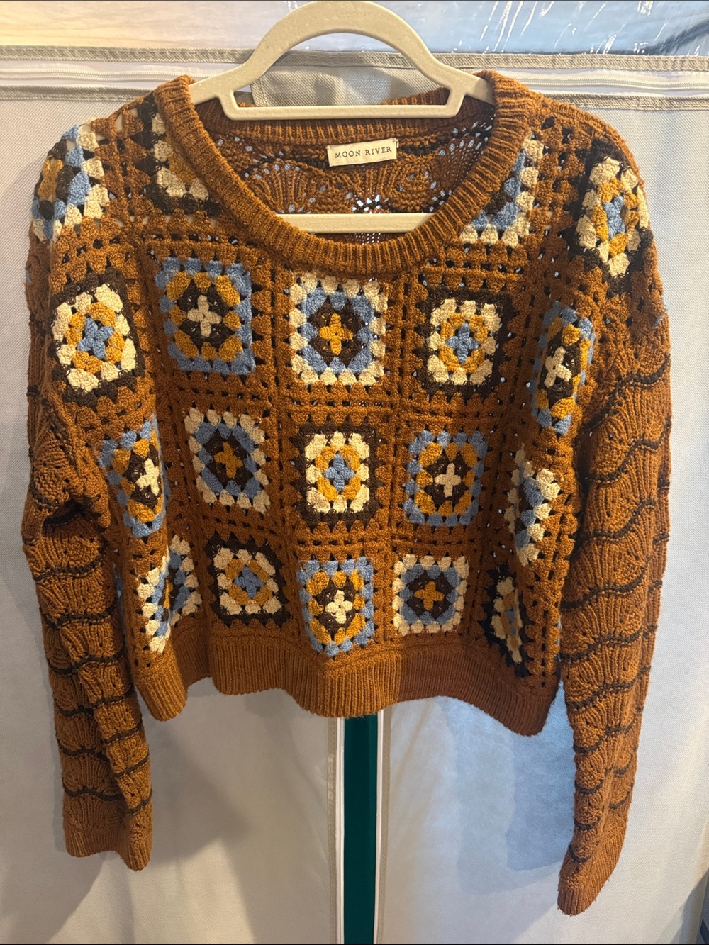 Moon River Rust Crochet Patchwork Crewneck Sweater with Blue and Cream Accents
